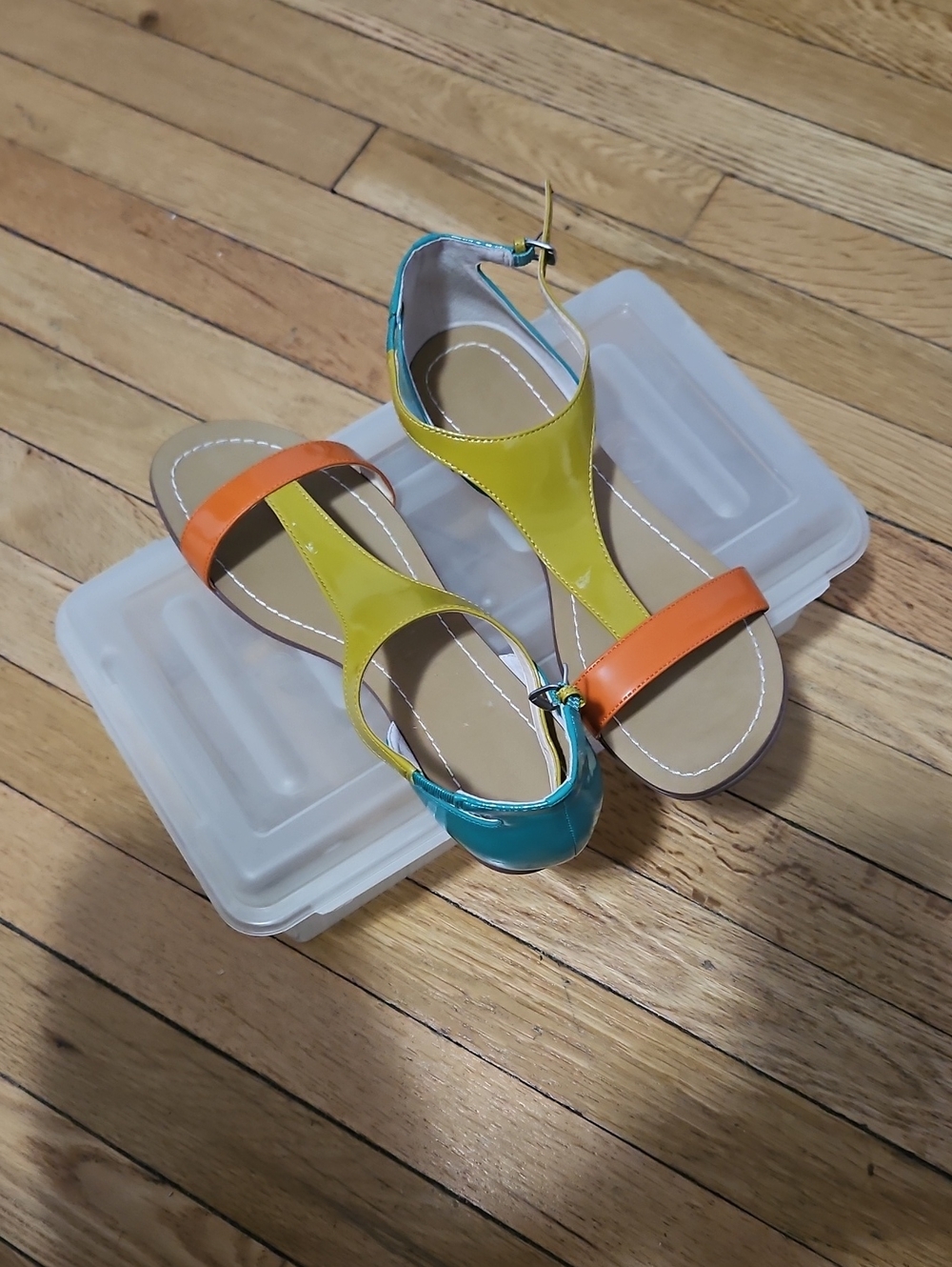 Colorblock T-Strap Sandals in Teal, Yellow & Orange